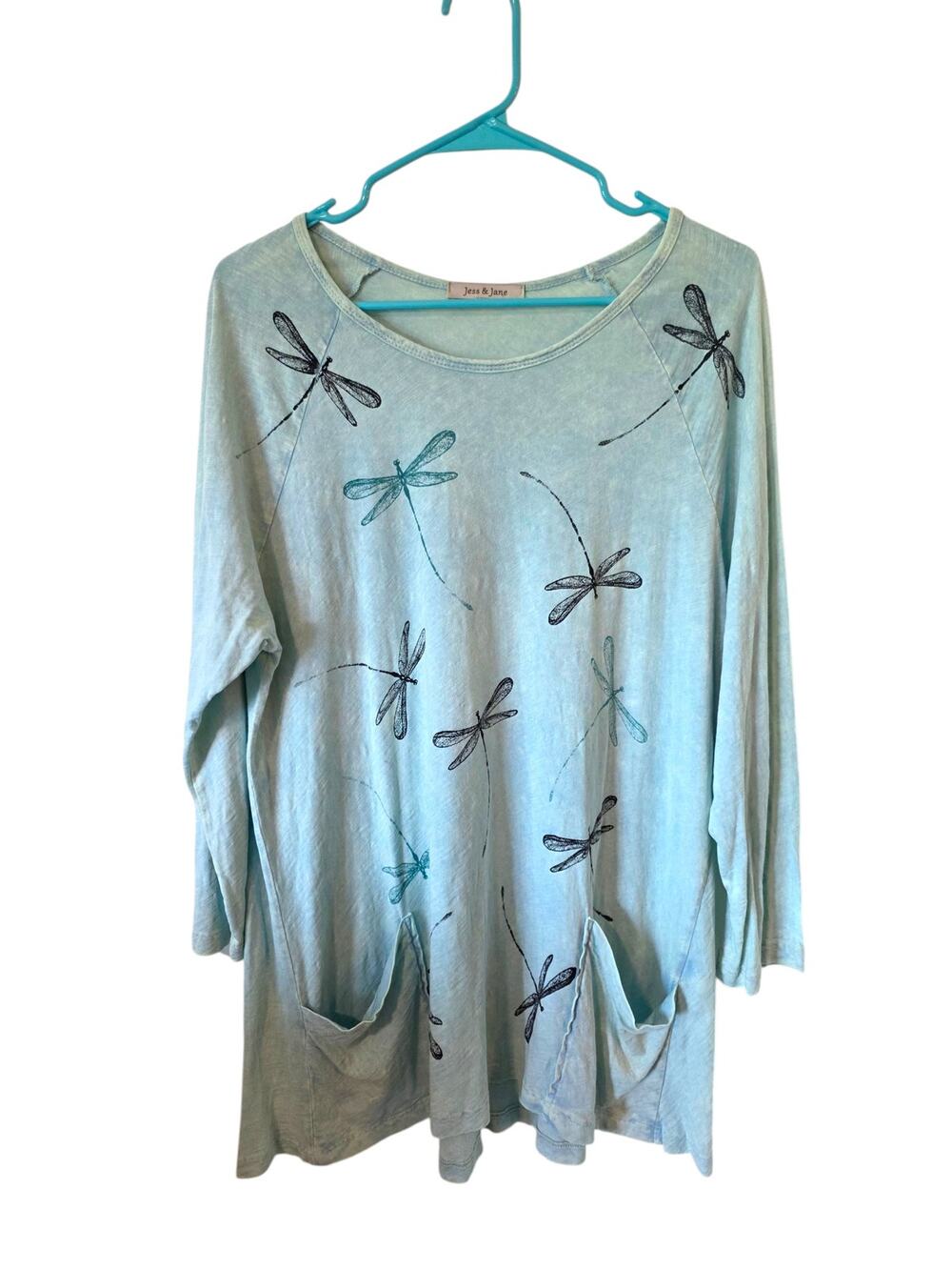 Jess + Jane Womens Dragonfly  Long Sleeve Pocket Top Size Large Green Blue